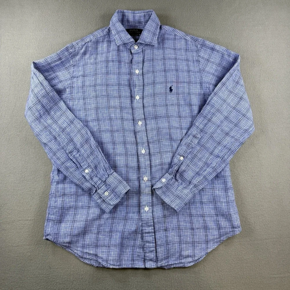 Polo Ralph Lauren Ocean Wash Linen Blue Plaid Button Down Shirt Blue Mens Medium